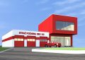 Wizualizacja nowoczesnego budynku koloru biało-czerwonego z napisem Straż pożarna 998/112/ Przed budynkiem czerwony samochód typu pick-up